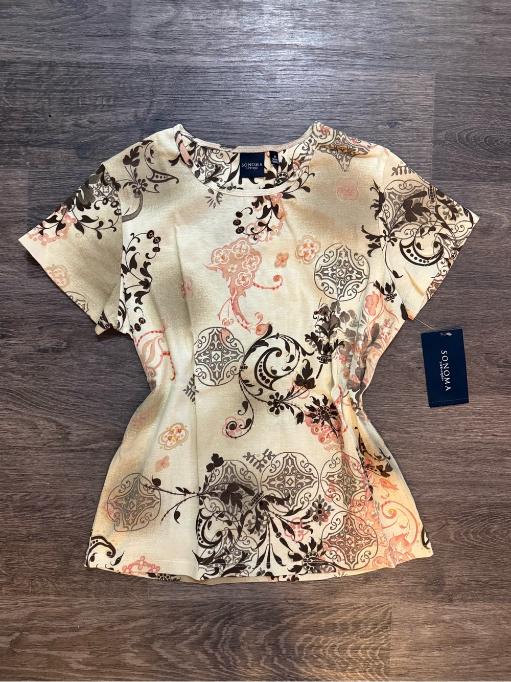 NWT SONOMA Cream Floral Scroll Short-Sleeve Top